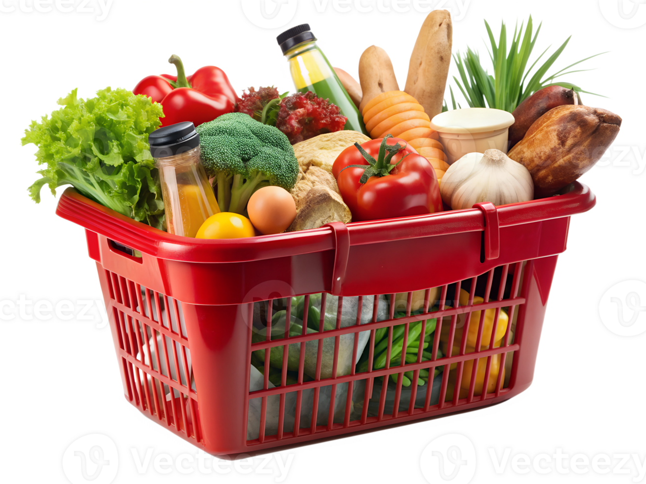 Fresh fruits and vegetables in a red basket ready for a healthy meal preparation at a local market, transparent png
