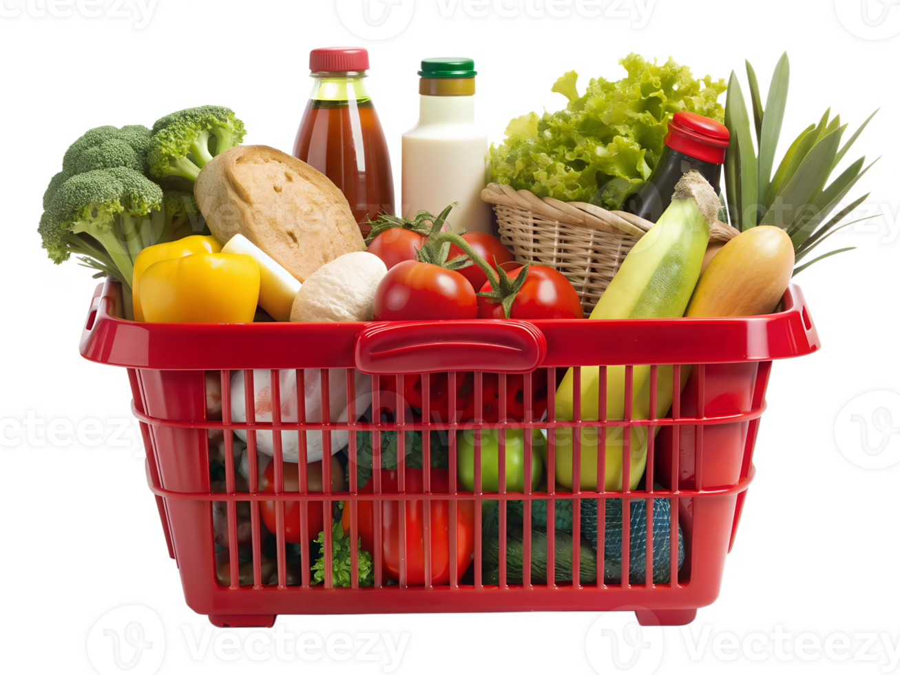 A vibrant red shopping basket filled with fresh vegetables, fruits, and condiments, ready for a healthy meal preparation, transparent png