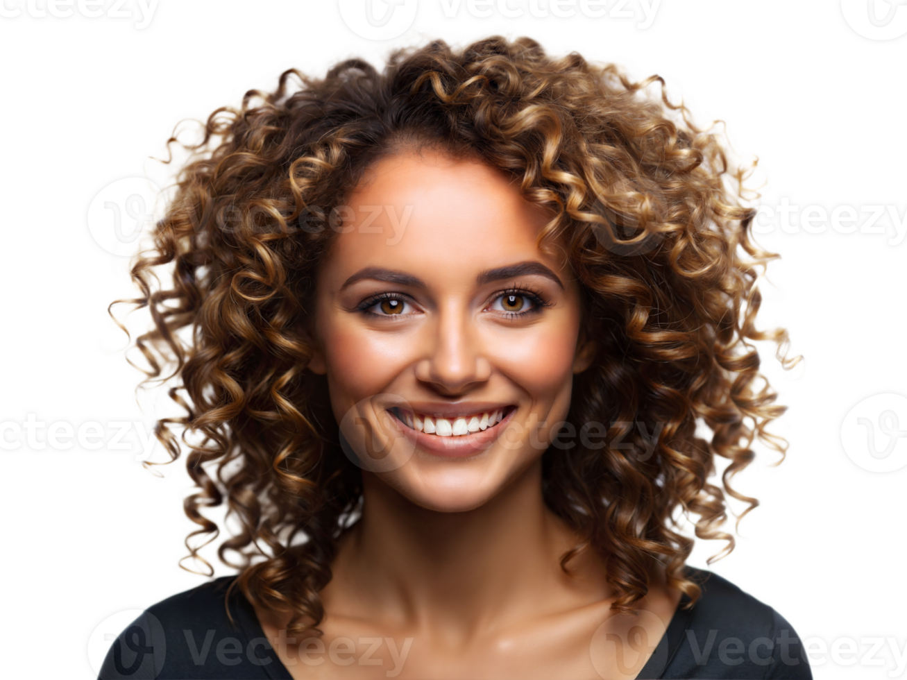 A smiling woman with curly hair showcasing her beauty against a plain background in a studio setting, transparent png