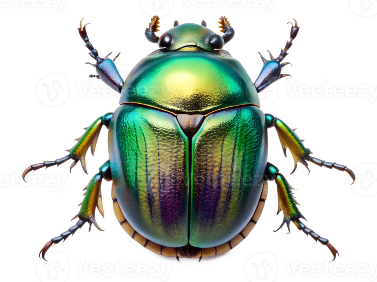 Close-up of a vibrant green beetle showcasing iridescent colors on a white background, highlighting its detailed features and unique shape, transparent png