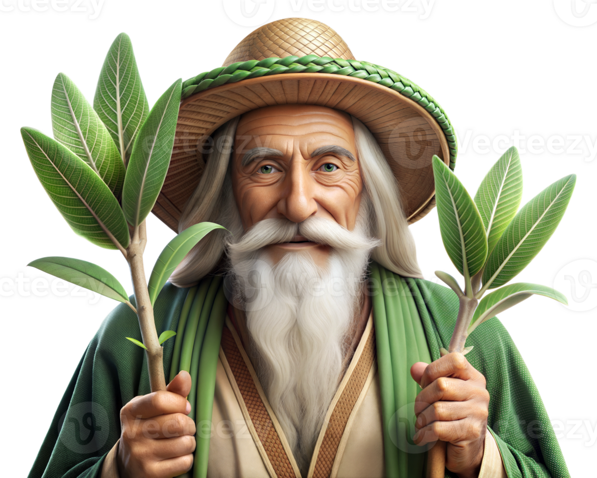 An elderly man in traditional attire holds branches while standing against a plain background, embodying nature's spirit and wisdom, transparent png