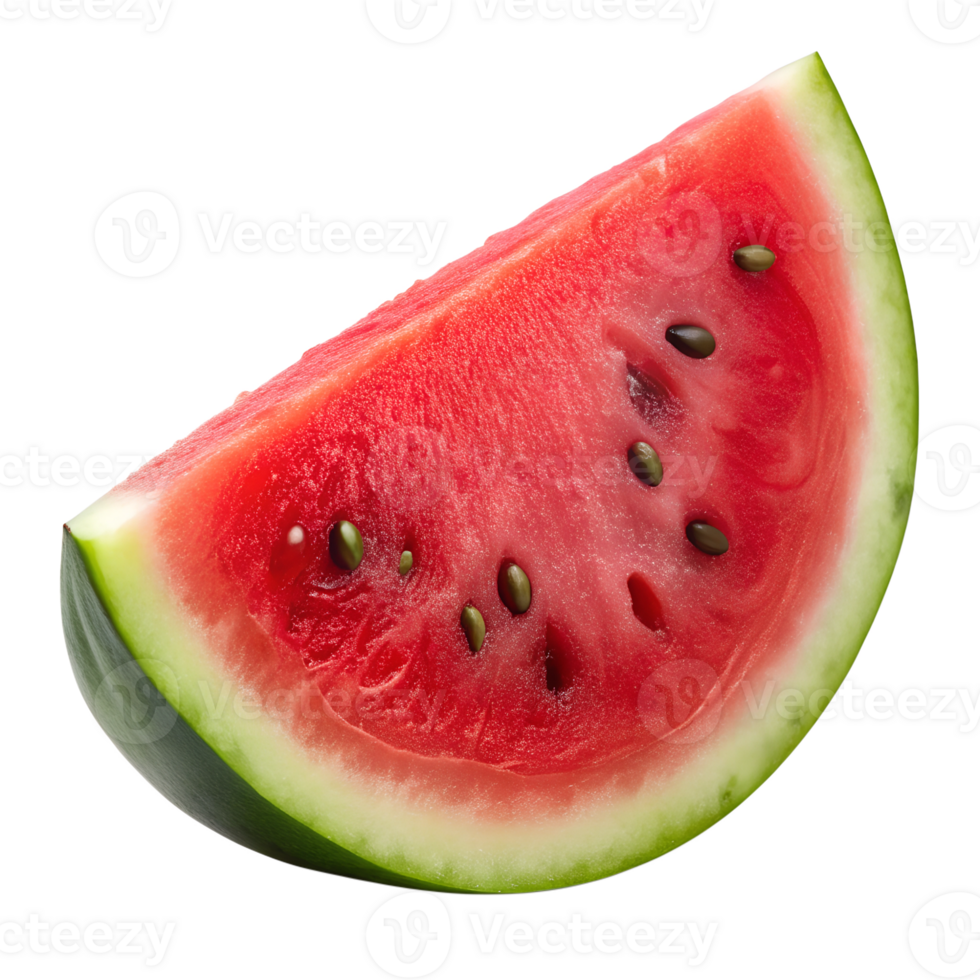 Freshly cut watermelon slice resting on a clean surface, showcasing vibrant red flesh and green rind, ideal for summer refreshment, transparent png