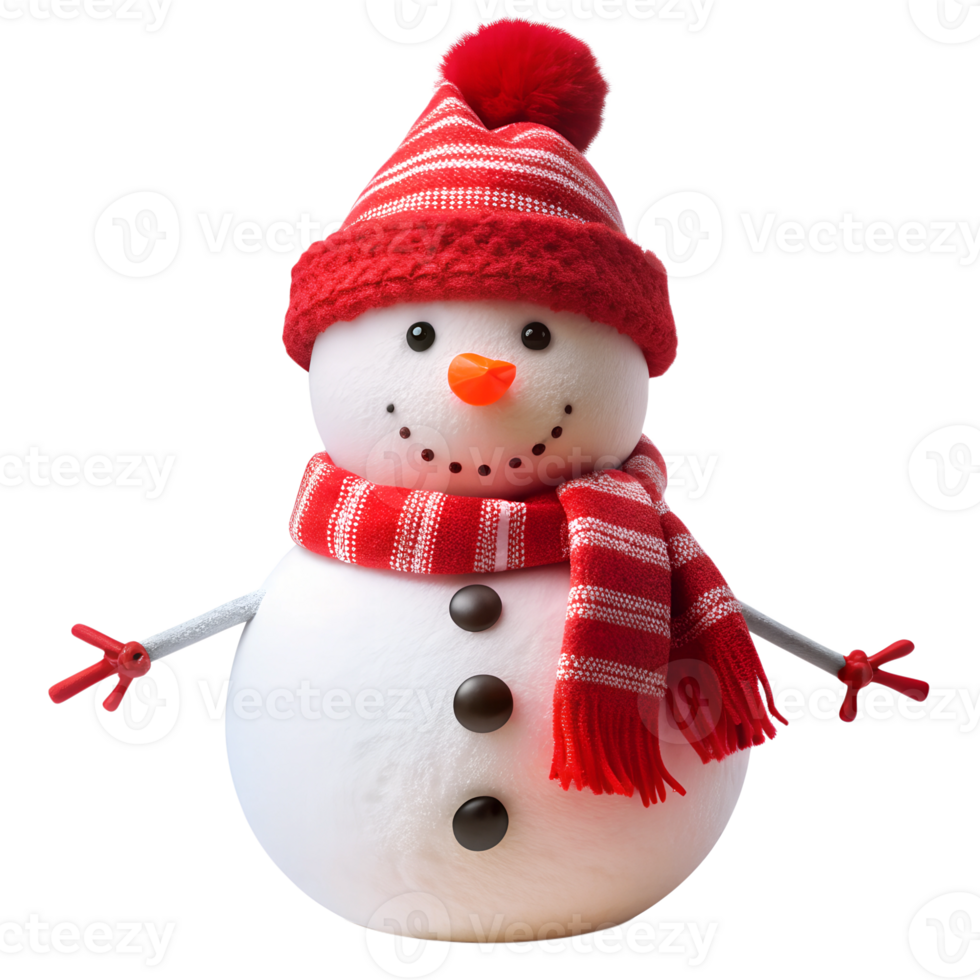 A cheerful snowman wearing a red striped hat and scarf stands in a winter setting, smiling with coal button eyes and twig arms, transparent png
