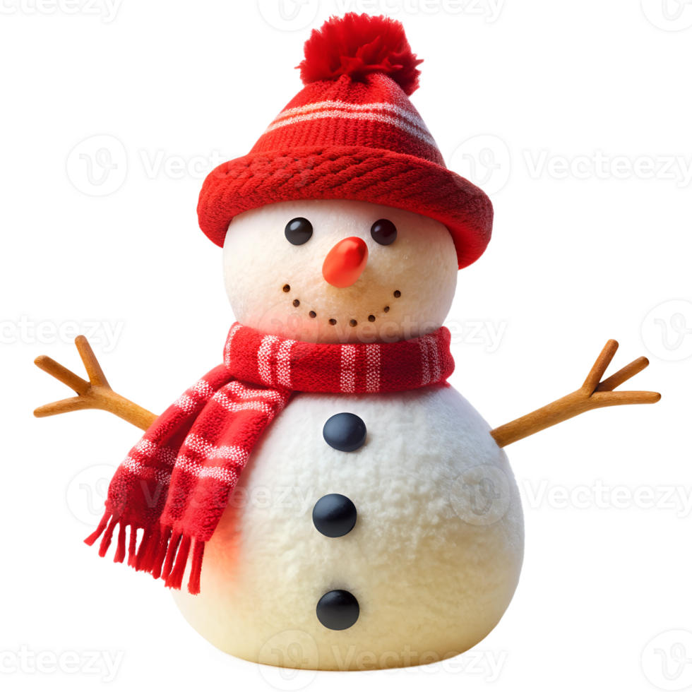 A cheerful snowman wearing a red knitted hat and scarf stands in a snowy landscape during winter, transparent png