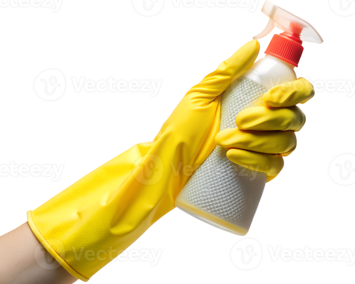 Hand in yellow rubber glove holding a spray bottle ready for cleaning tasks at home in bright lighting, transparent png