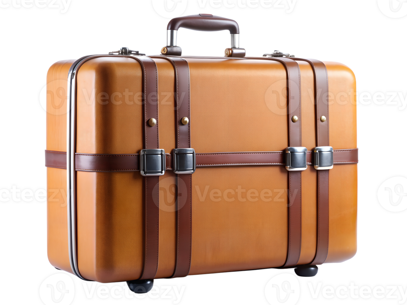 Classic brown suitcase with leather straps designed for travel, emphasizing elegance and durability in various journeys, transparent png