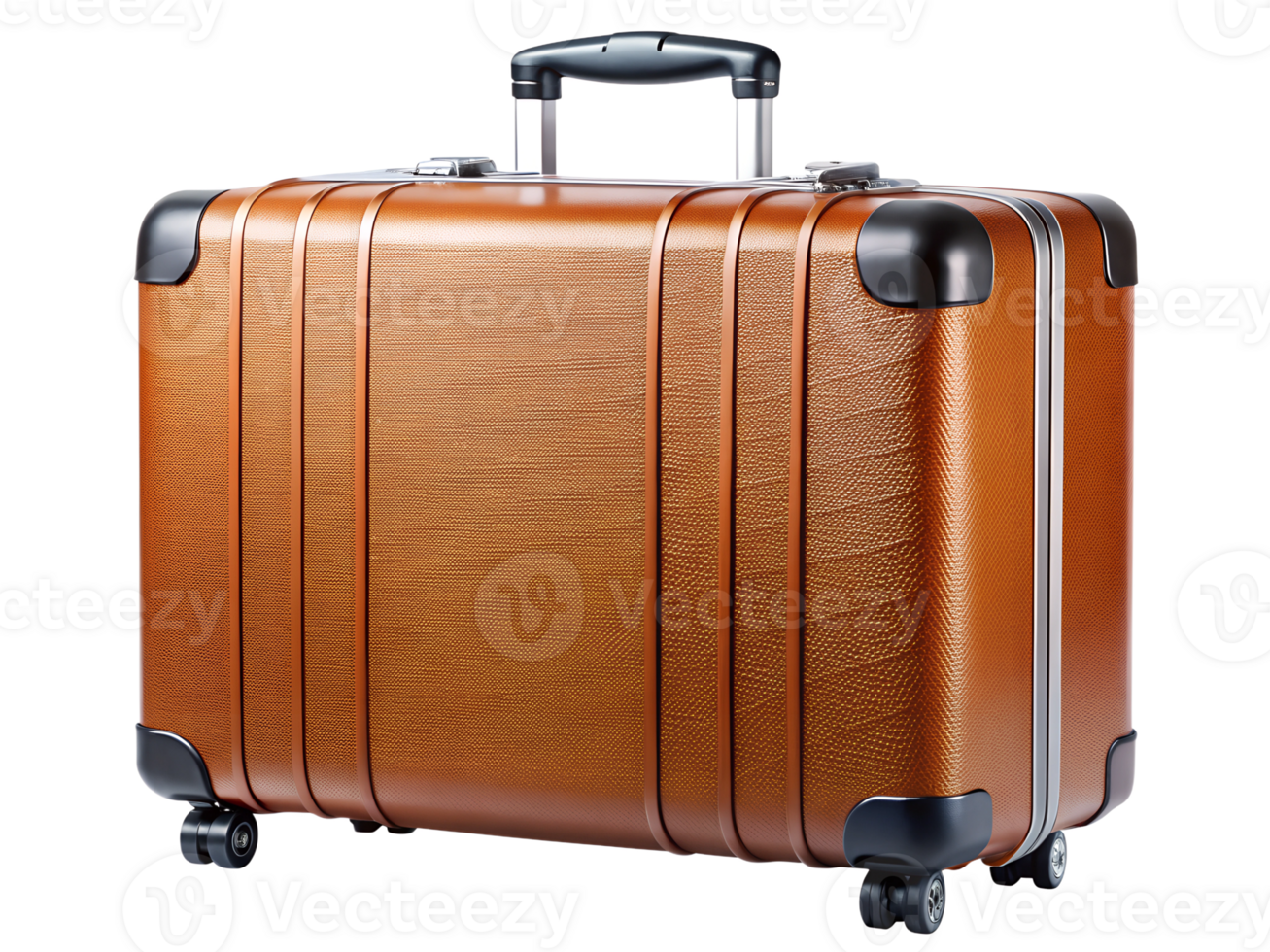 Stylish brown suitcase with wheels ready for travel, showcasing a modern design ideal for journeys, transparent png