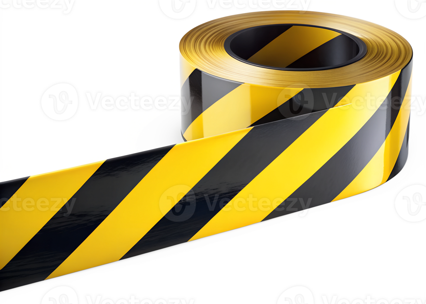Yellow and black caution tape roll used for safety awareness at construction sites or hazardous areas during daytime, transparent png
