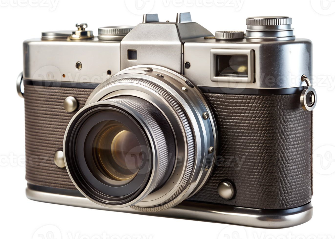 Vintage camera with leather finish and manual settings captured in a well-lit studio environment showcasing classic design and craftsmanship, transparent png