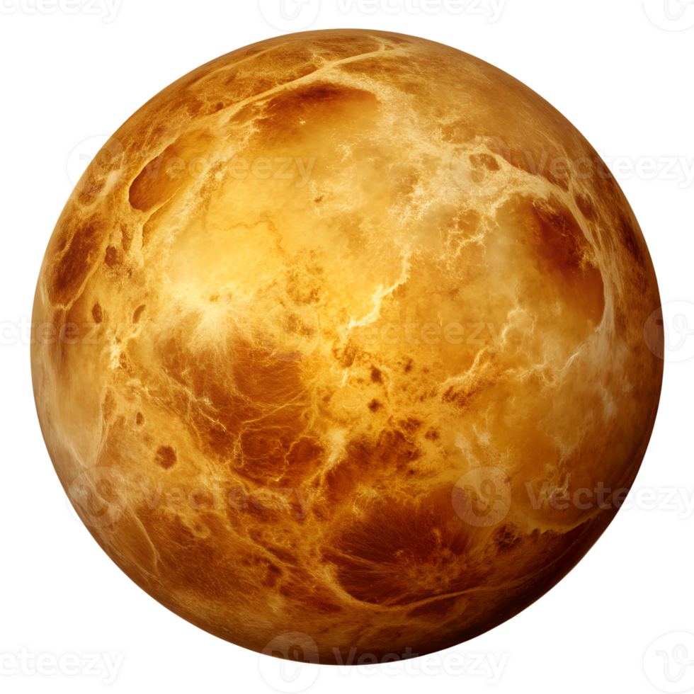 A detailed view of Venus showcasing its unique surface and atmospheric patterns captured in a vibrant golden hue, transparent png