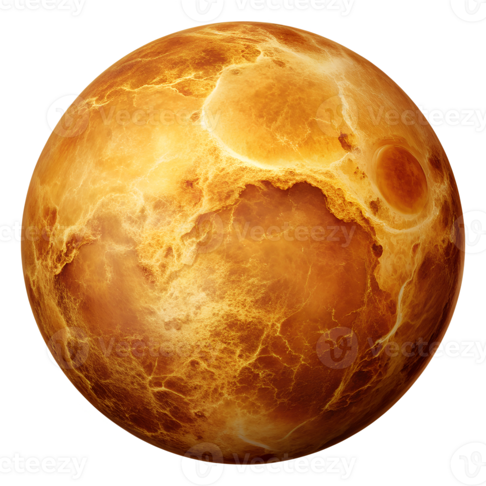 A detailed view of Venus showcasing its thick atmosphere and surface features captured in high-resolution imagery, transparent png