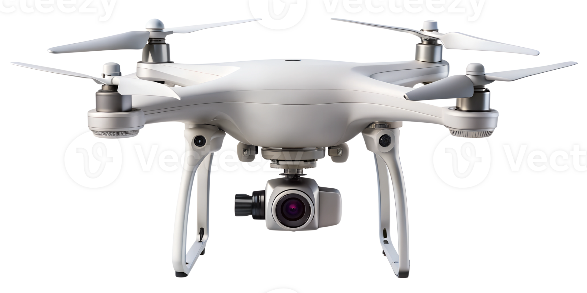 Aerial drone with camera hovering in clear blue sky during daytime, cut out transparent png