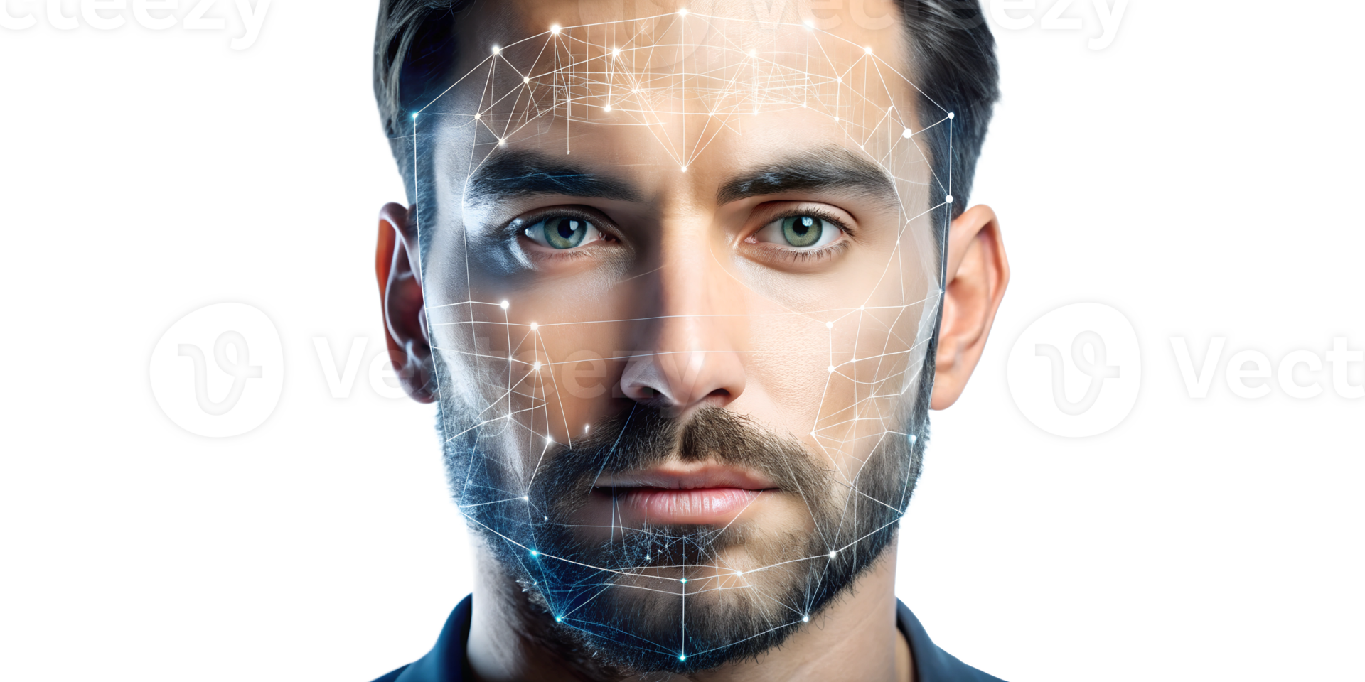 Facial recognition technology showcased on a man's face in studio, cut out transparent png