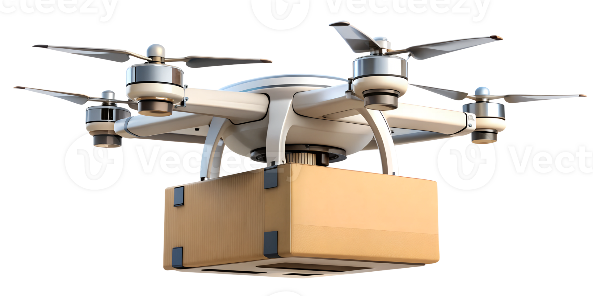 Delivery drone carrying a package over a suburban neighborhood, cut out transparent png