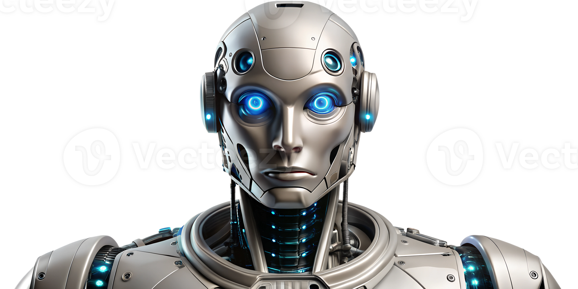 Robotic humanoid with glowing blue eyes in futuristic design, cut out transparent png