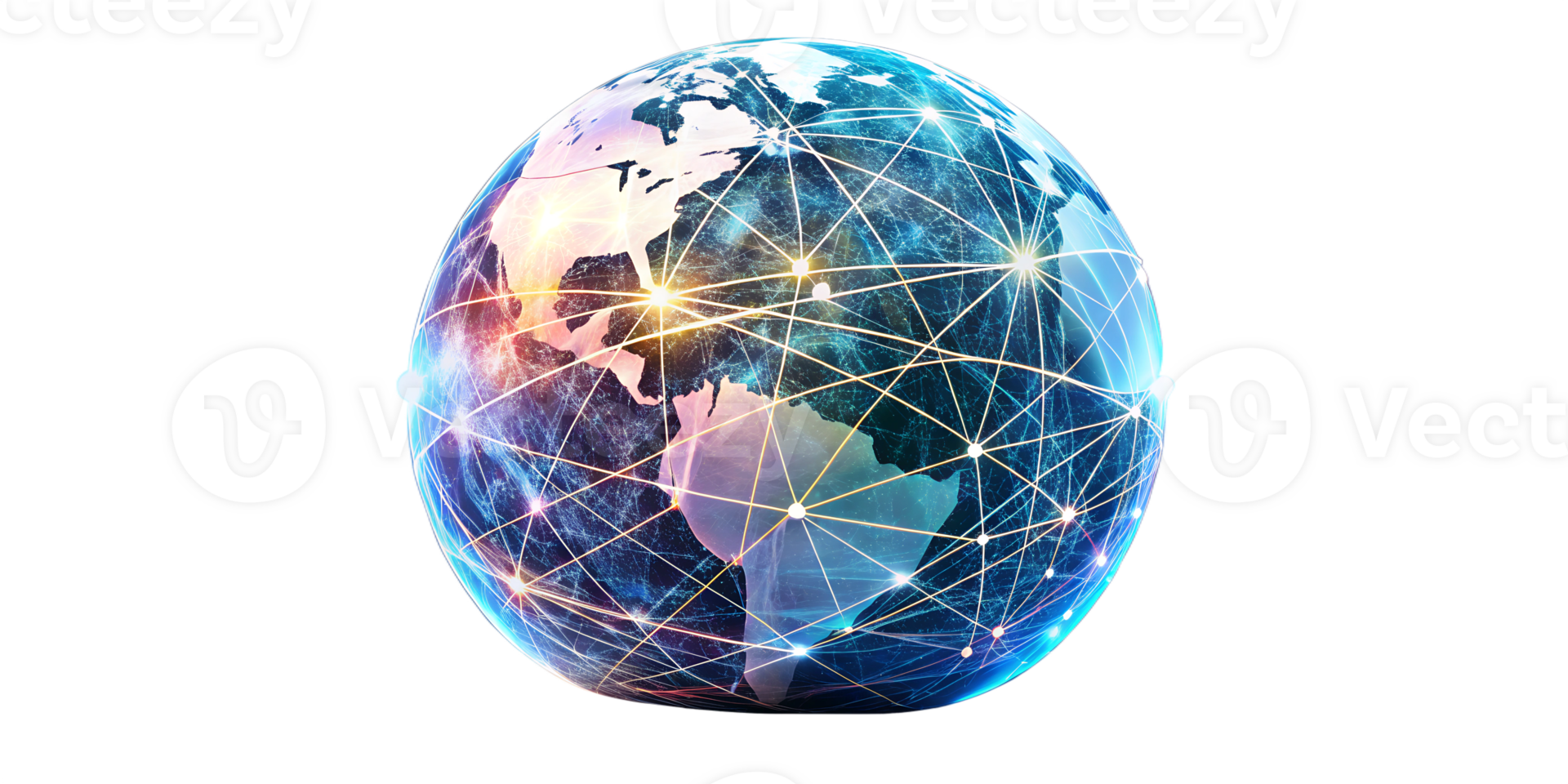 Glowing lines show global network connections and continents, cut out transparent png