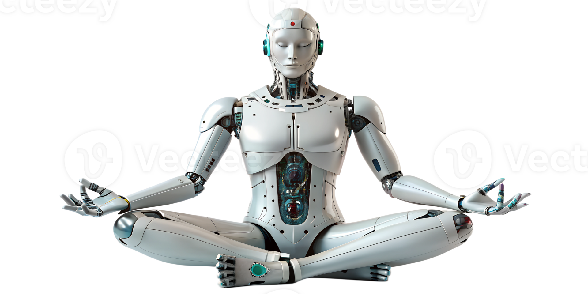 Humanoid robot practices meditation in a serene environment, cut out transparent png