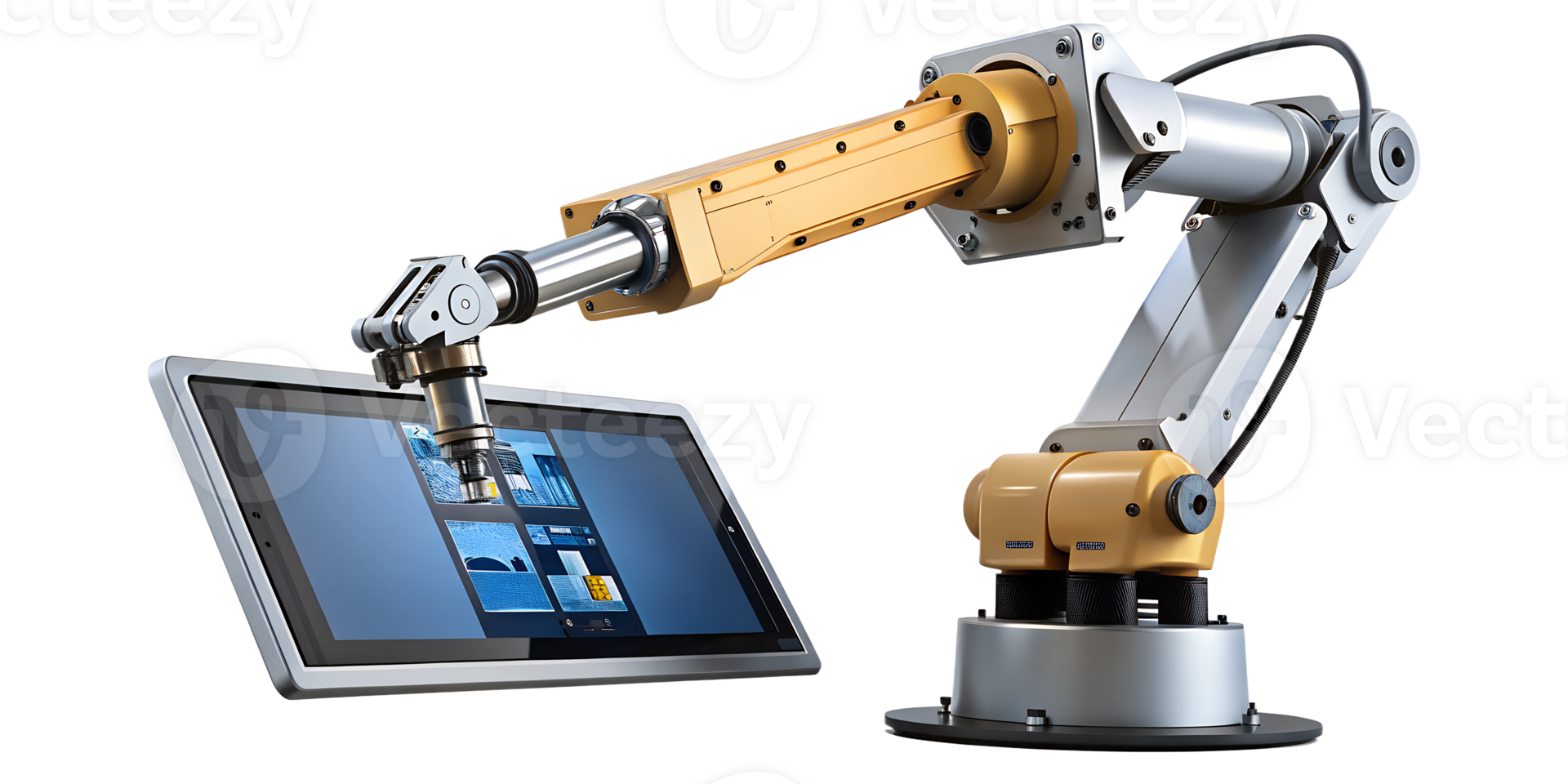 Robot arm manipulating a touchscreen tablet in a modern workspace, cut out transparent png