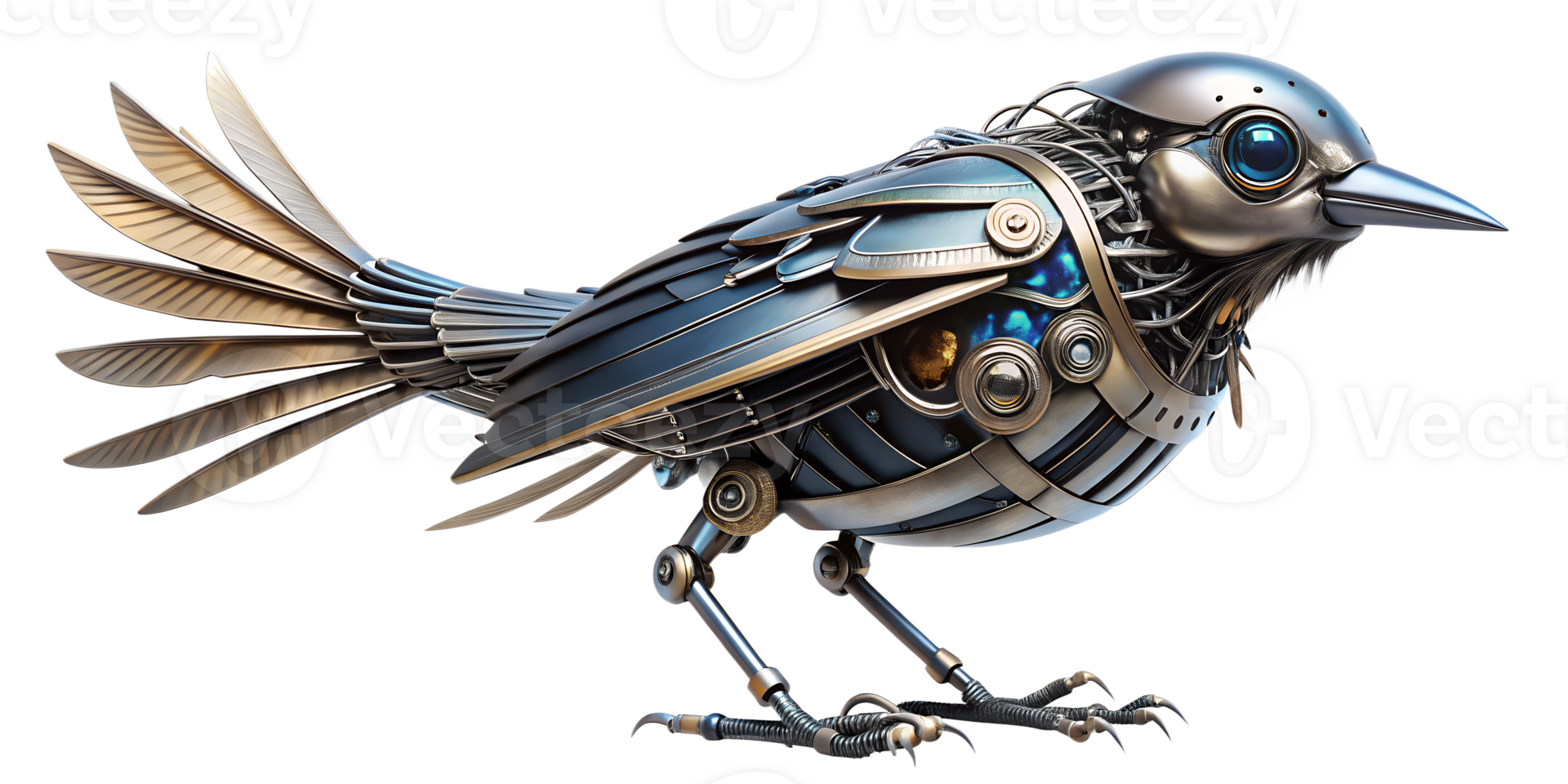 A steampunk-inspired mechanical bird design with intricate details, cut out transparent png
