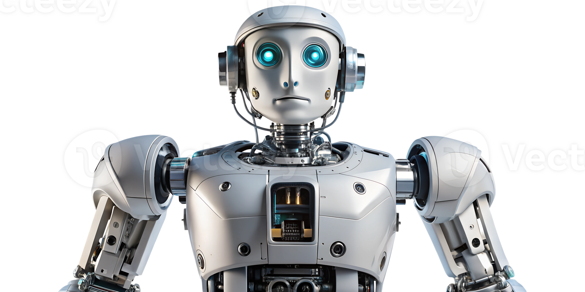 humanoid robot met blauw ogen vitrines Geavanceerd technologie in ontwerp, besnoeiing uit transparant png
