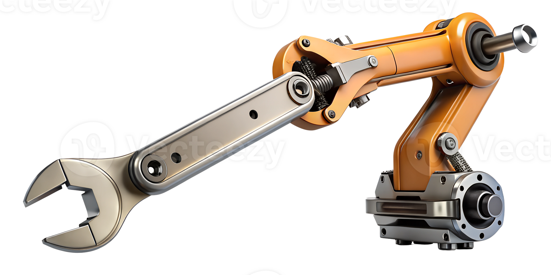 Robotic arm with wrench attachment designed for industrial tasks, cut out transparent png