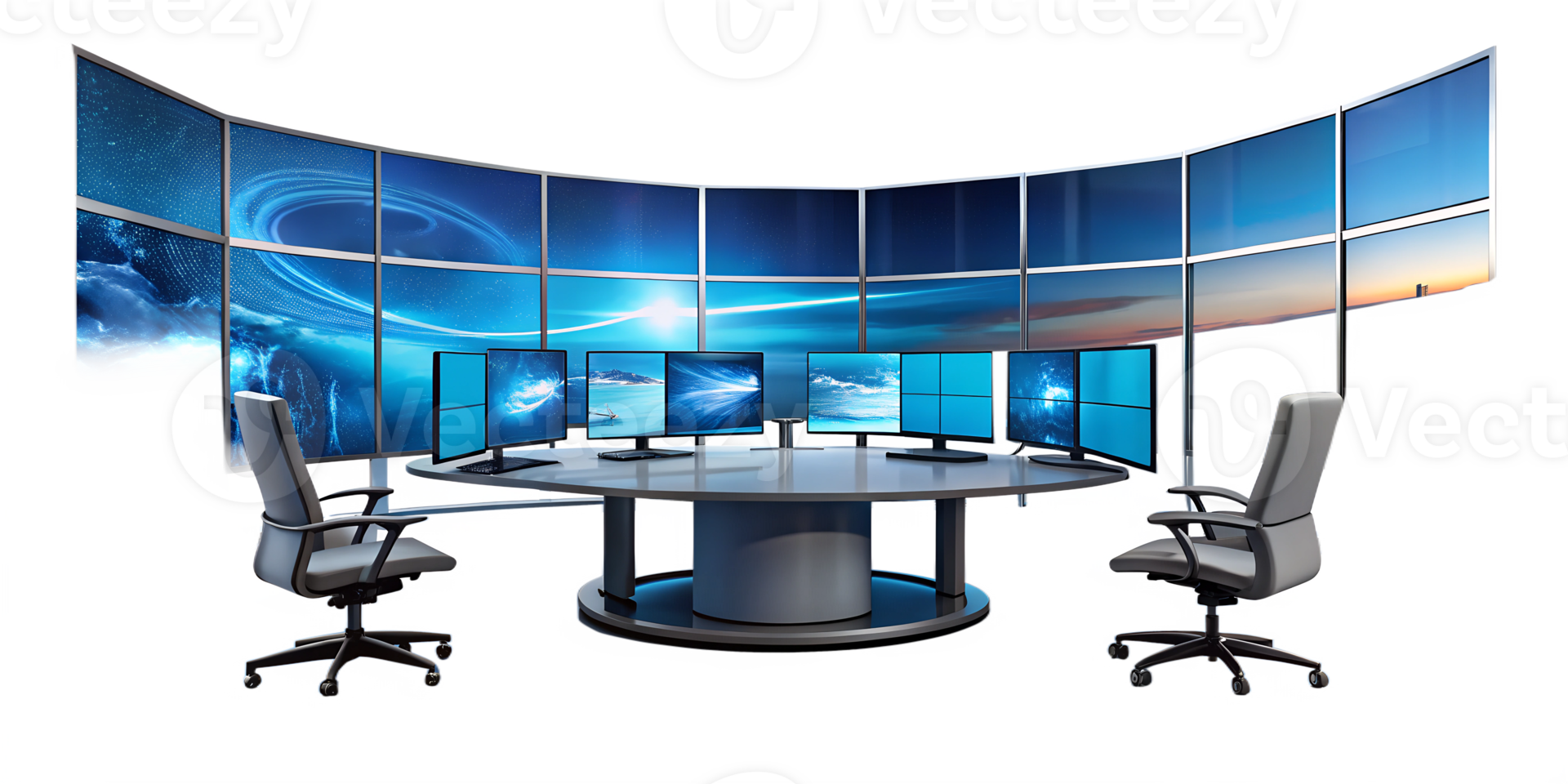 High-tech workstation with multiple monitors in a modern office setup, cut out transparent png