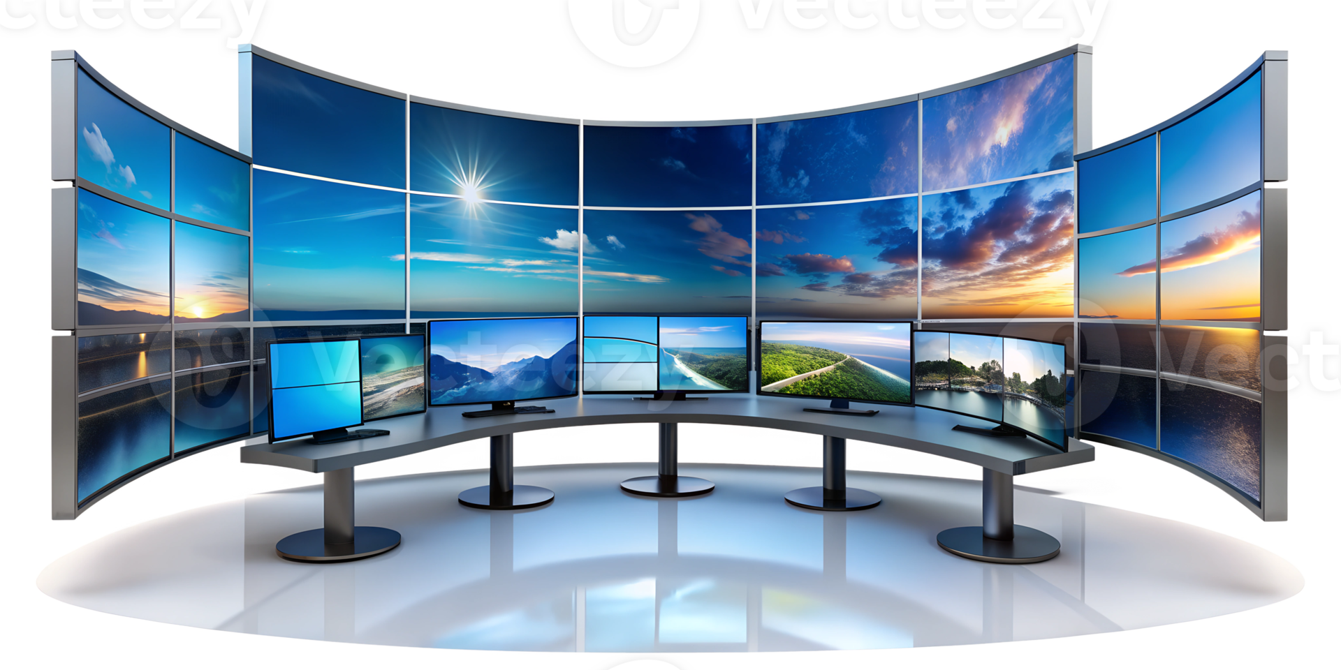 Modern workstation with multiple curved displays showcasing landscapes, cut out transparent png