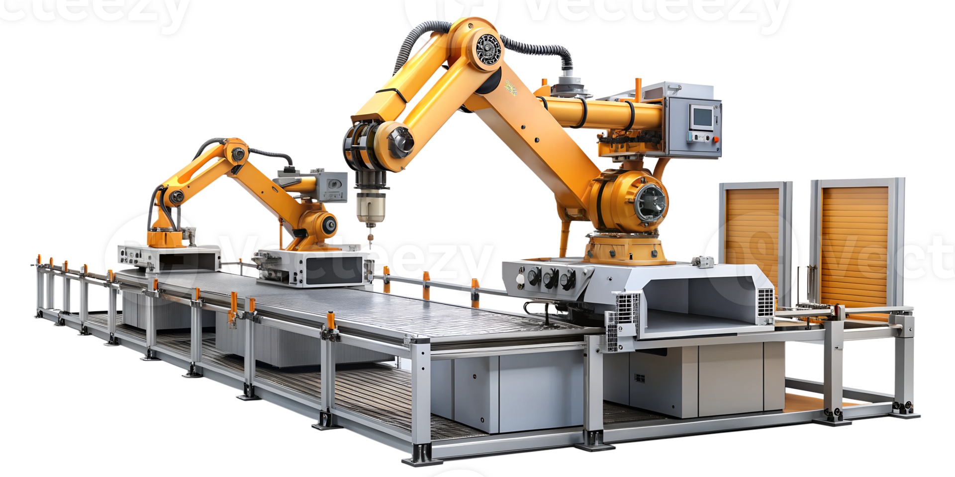 Robotic arms automate precise factory manufacturing tasks, cut out transparent png