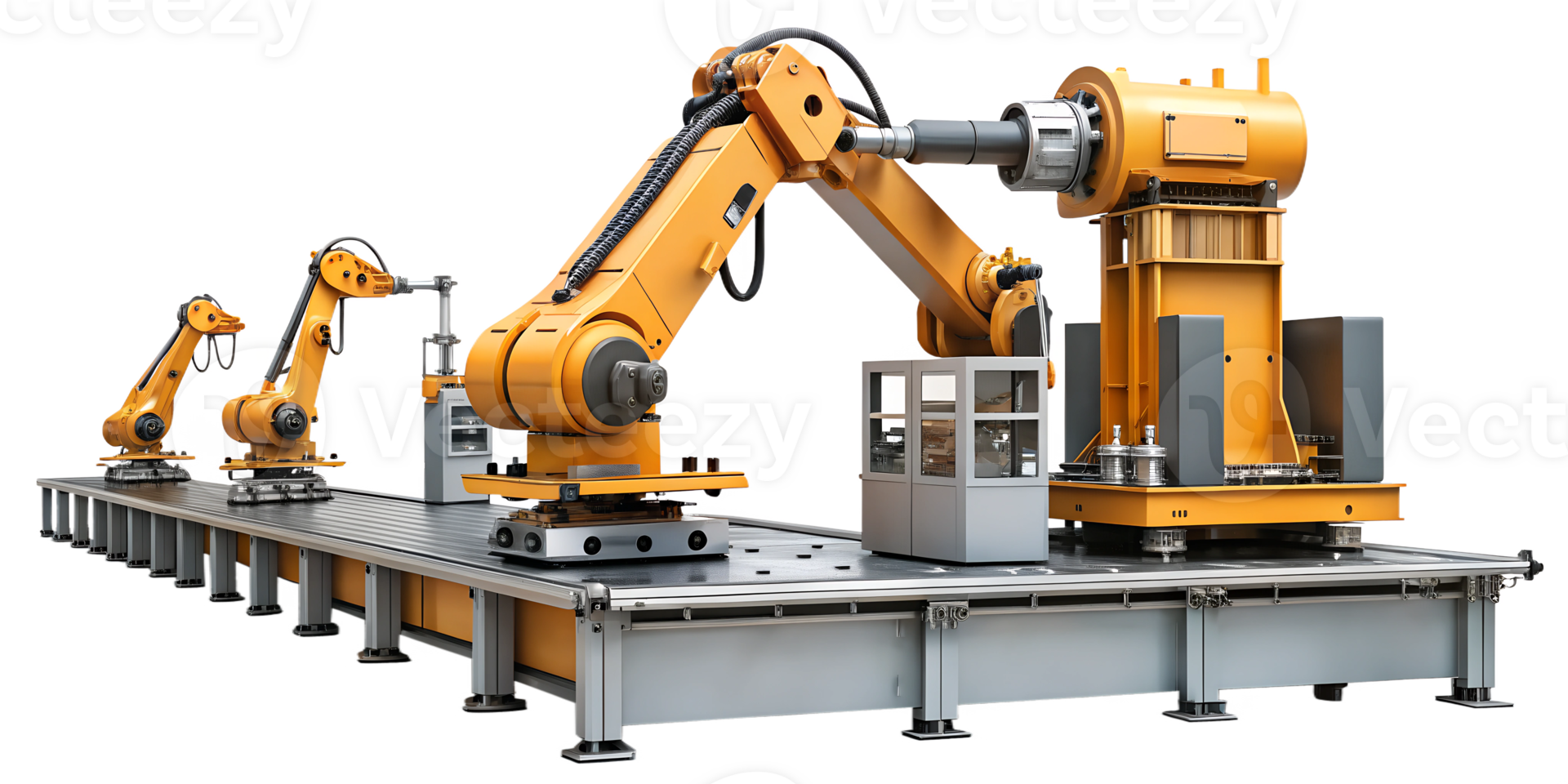 Industrial robotic assembly line in a modern manufacturing facility, cut out transparent png