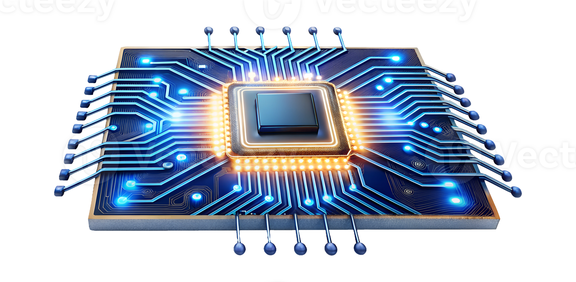 Advanced microchip with glowing circuits, cut out transparent png