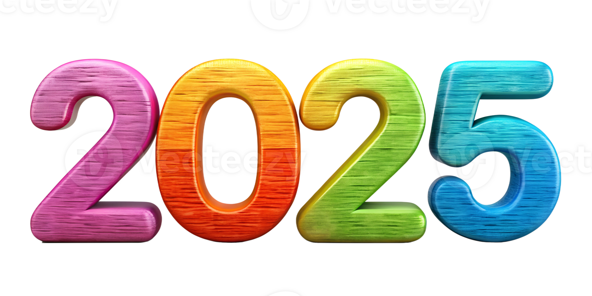 Colorful wooden numbers representing the year 2025 in bright hues, cut out transparent png