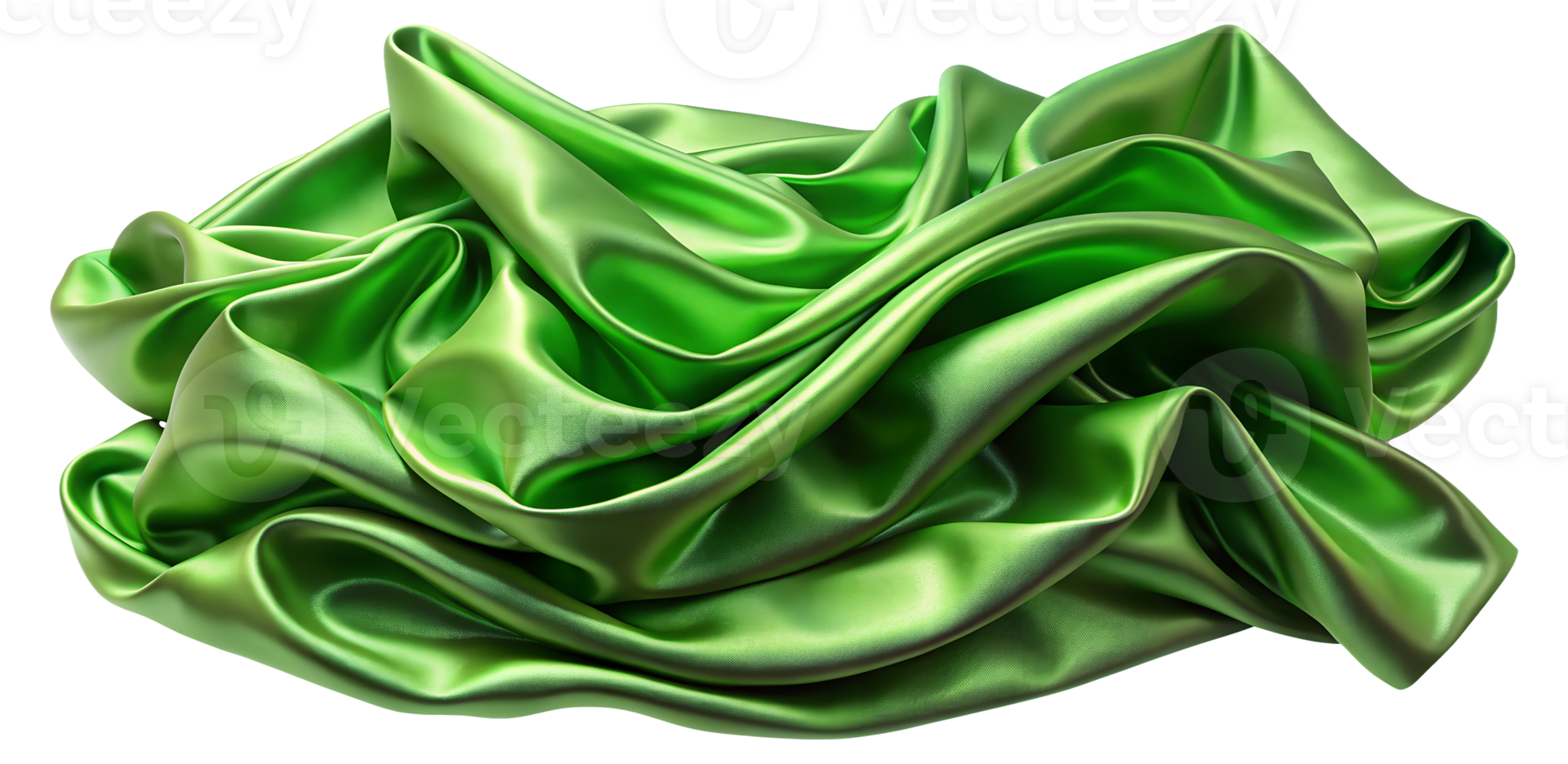 Shimmering green satin fabric draped elegantly with soft waves, cut out transparent png