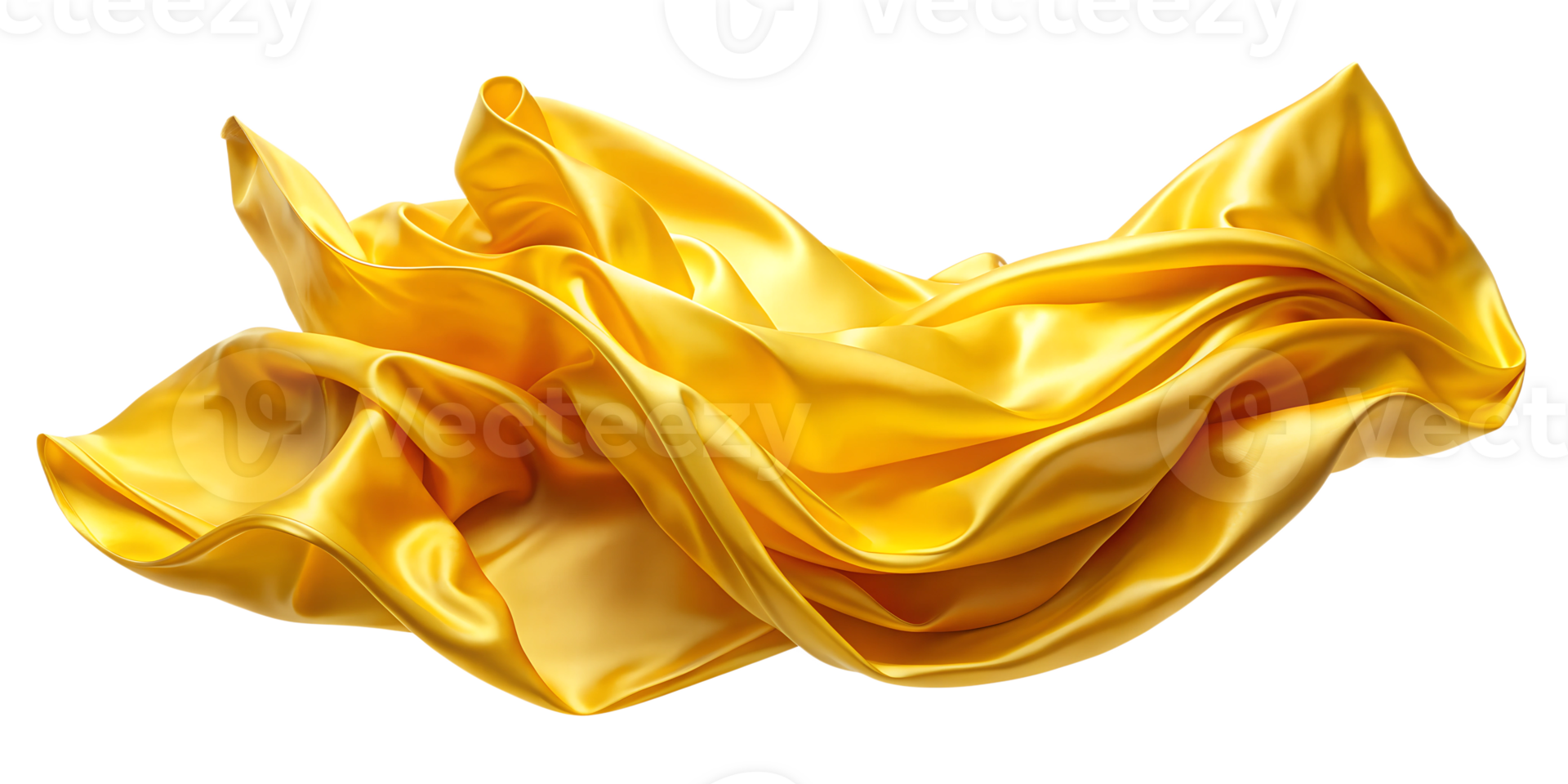 Bright yellow satin fabric draped elegantly, cut out transparent png