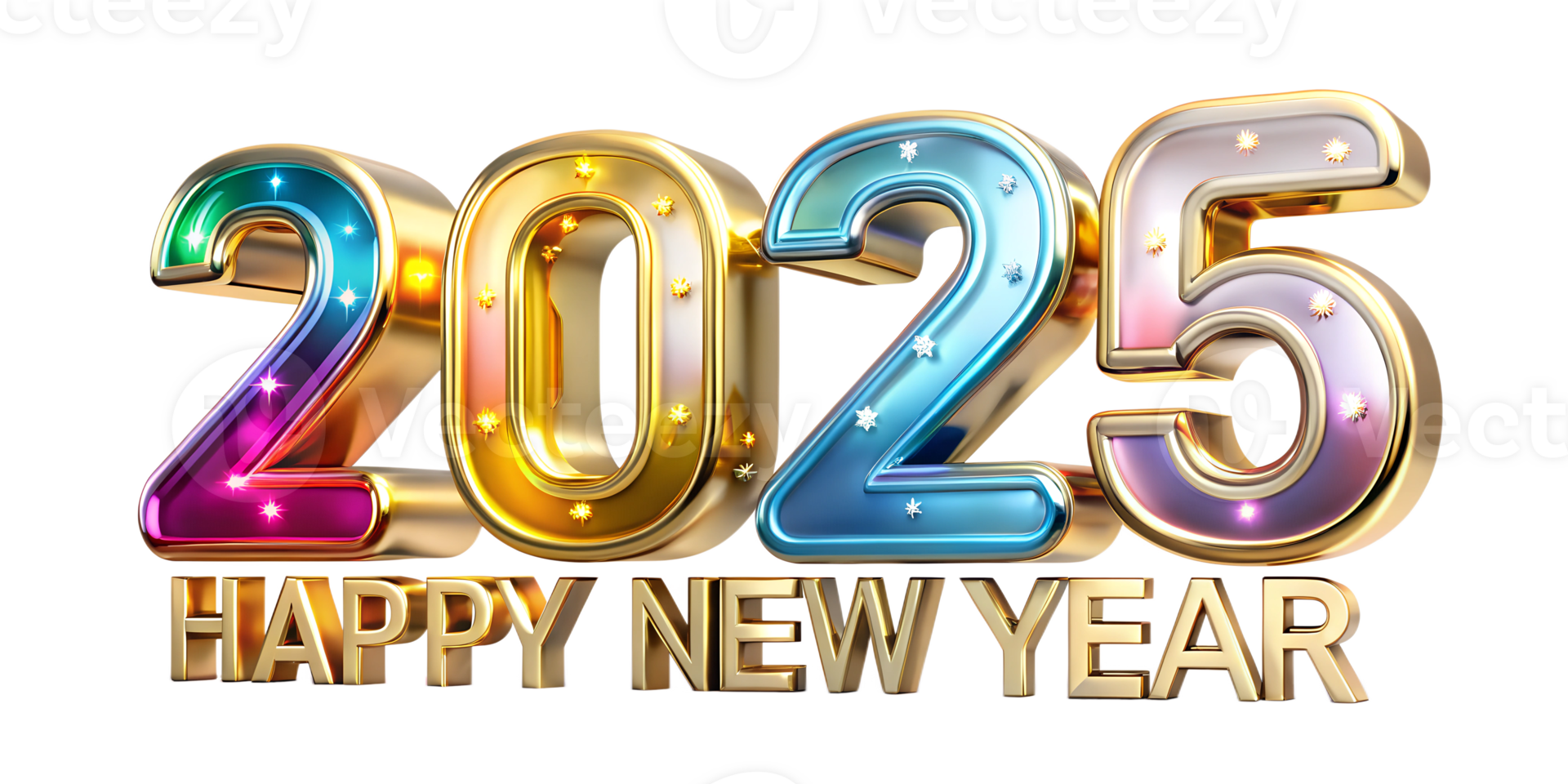 Colorful 2025 Happy New Year sign featuring vibrant numbers, cut out transparent png