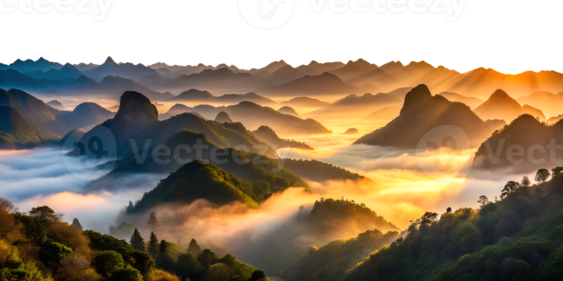 Golden sunrise over misty mountain landscape in serene valley, cut out transparent png