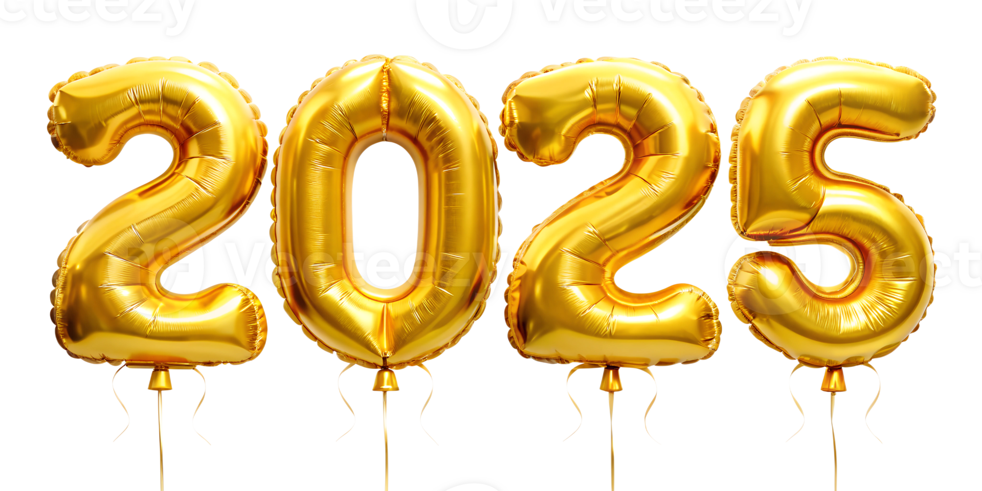 Gold balloons displaying the year 2025 for a celebration event, cut out transparent png