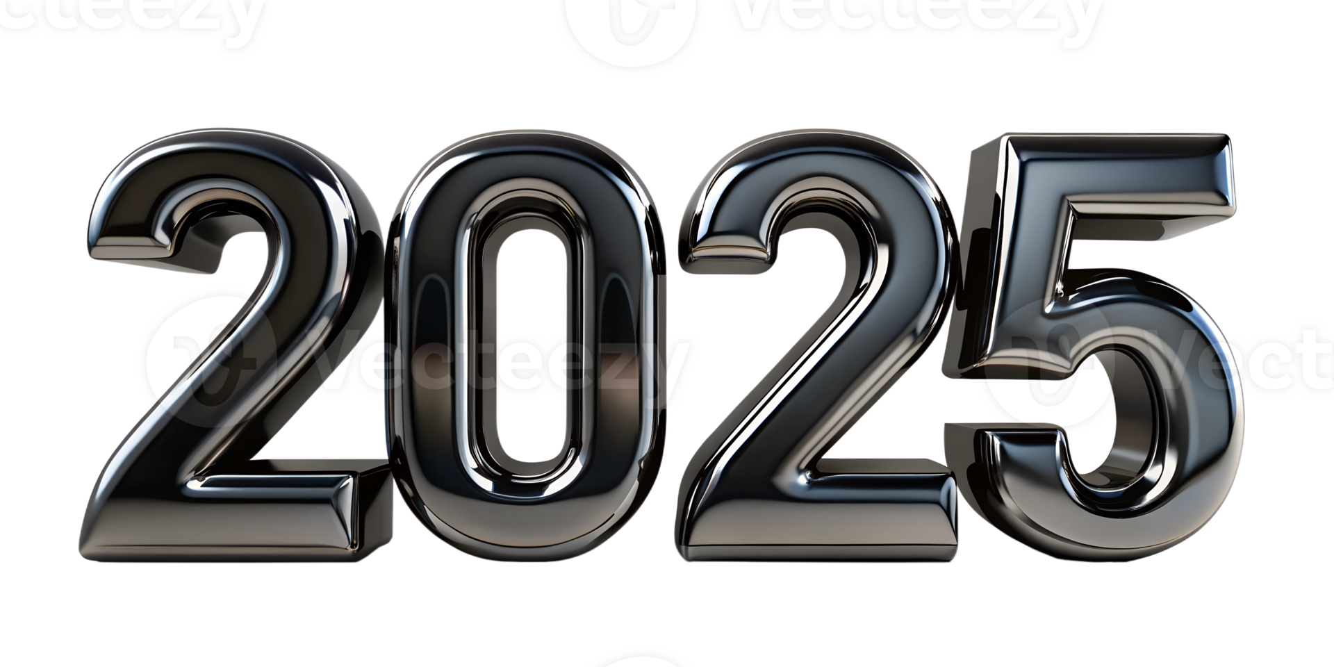 Stylized metallic numbers 2025 reflecting light on a plain background, cut out transparent png