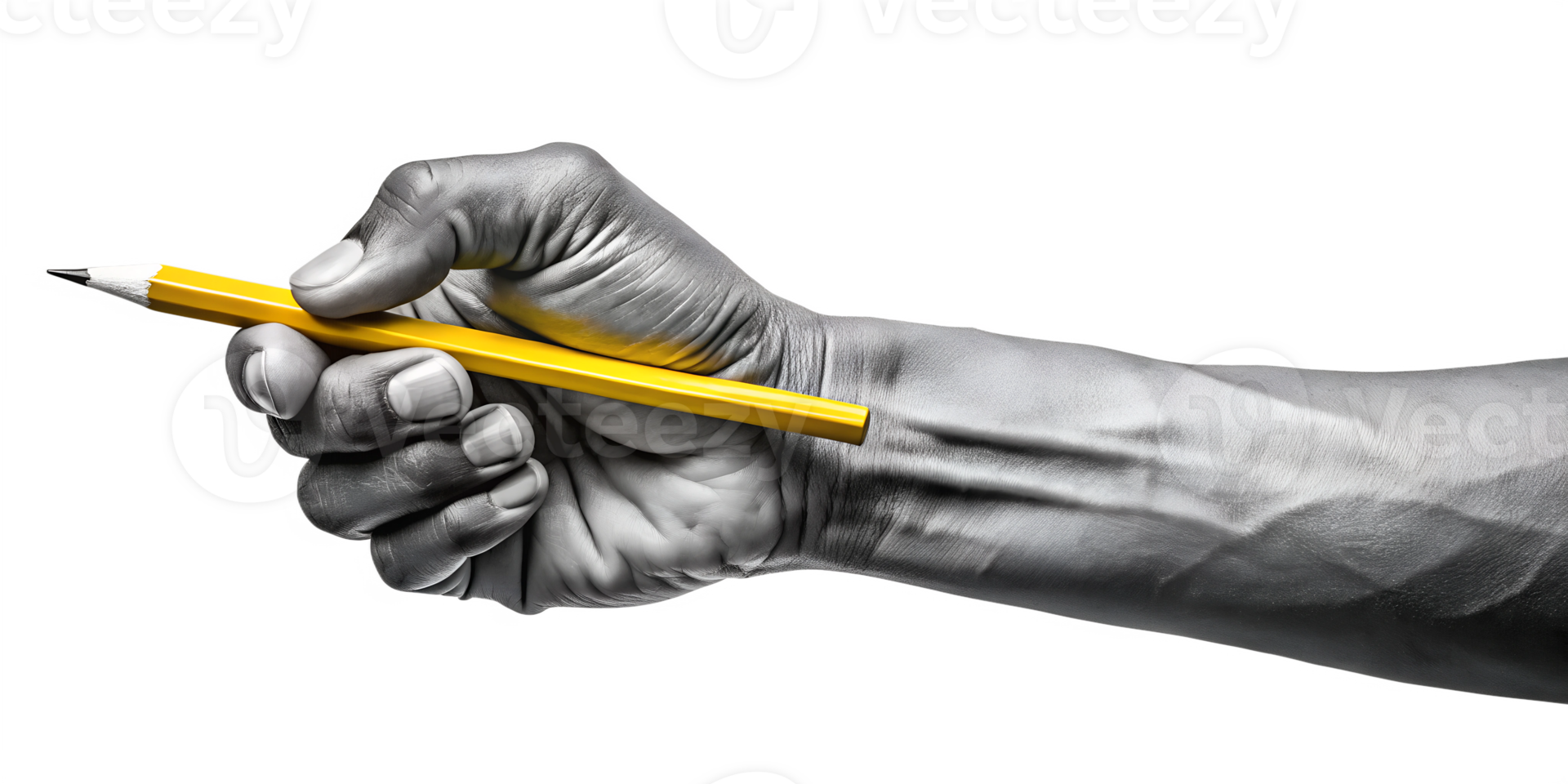 A hand gripping a yellow pencil against, cut out transparent png