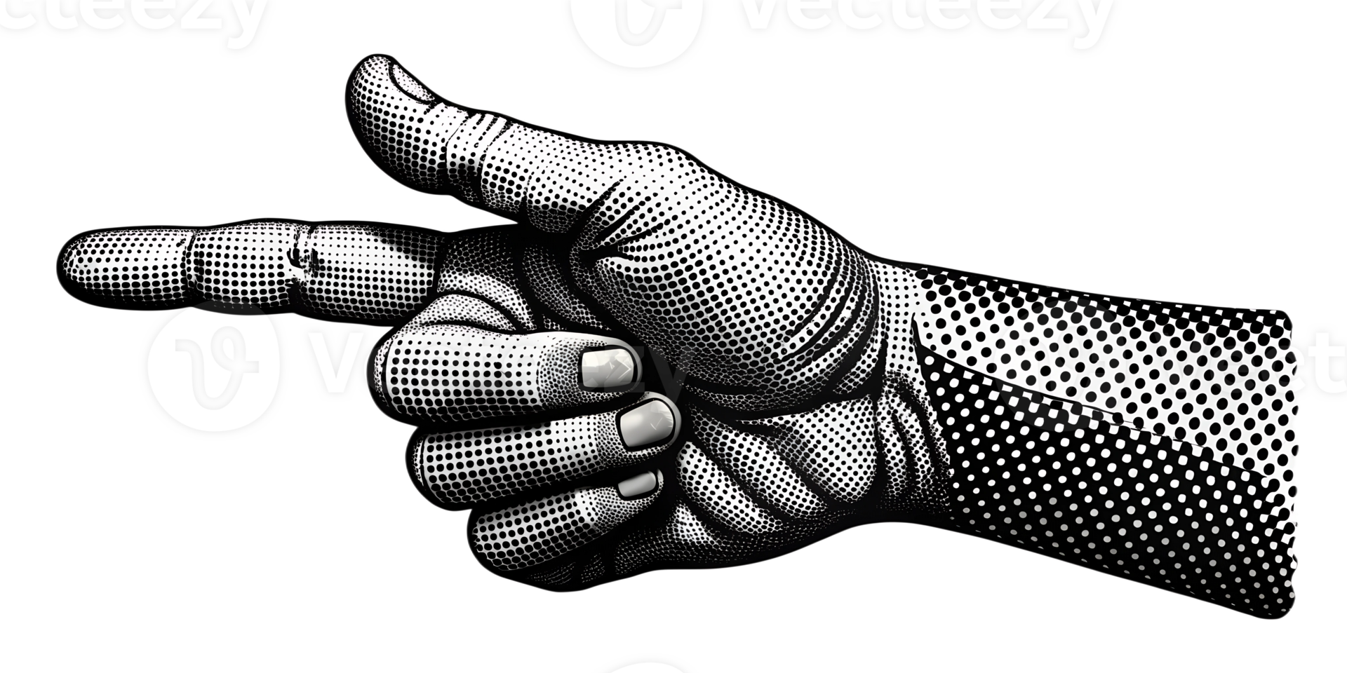 Hand gesture pointing right in a retro comic style illustration, cut out transparent png
