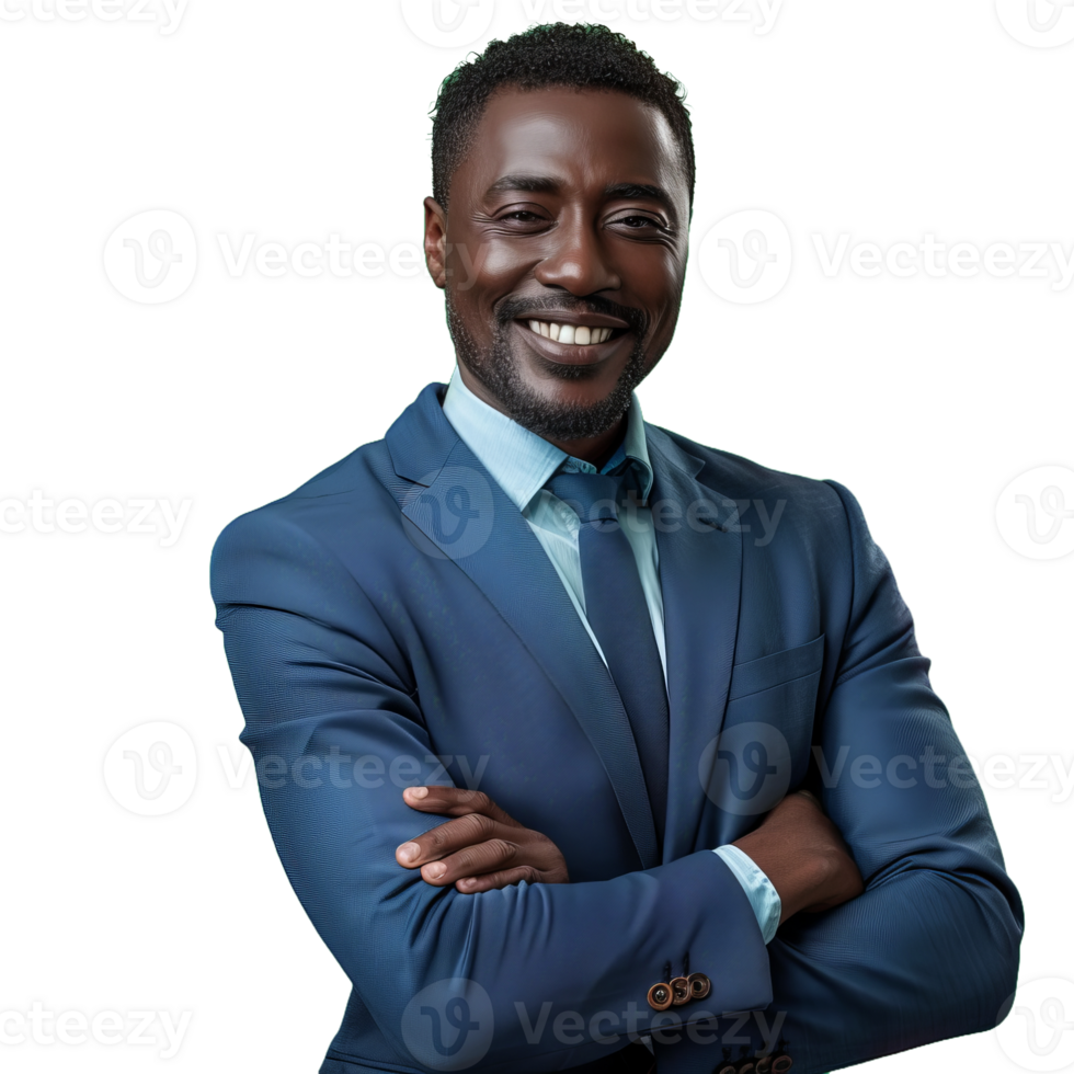 Smiling afro american business man with crossed arms, isolated transparent background png