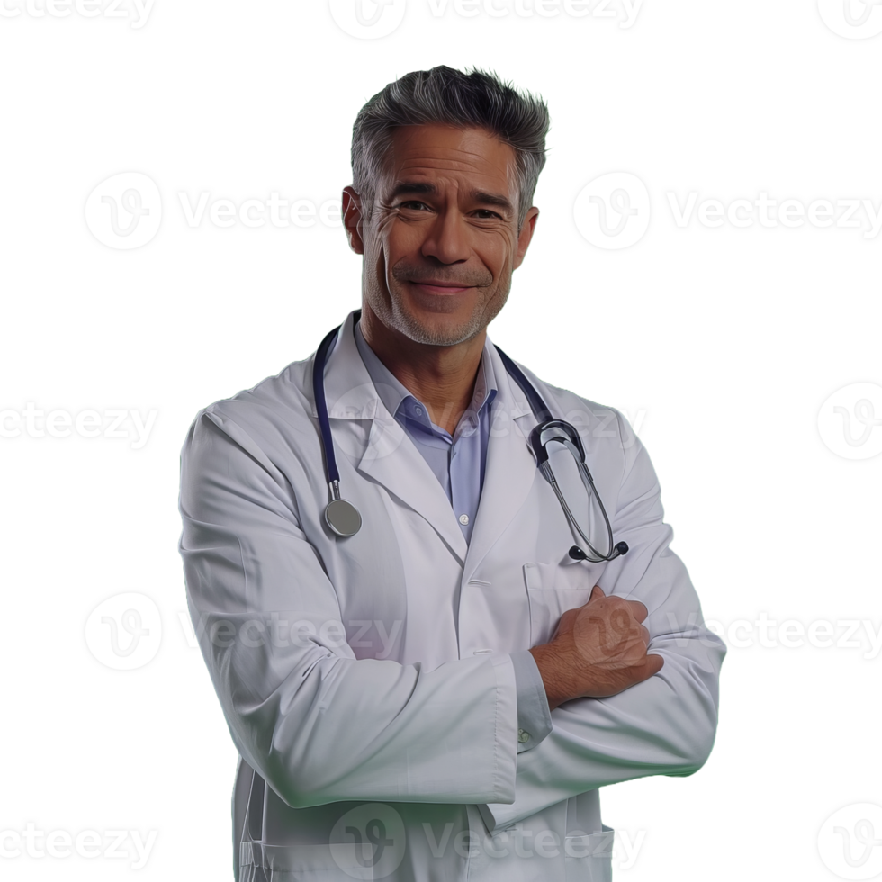 Smiling white male doctor with crossed arms, isolated transparent background png