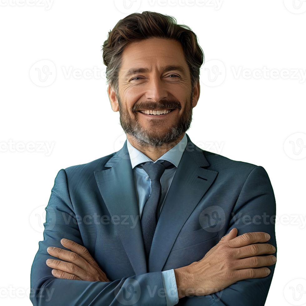 Smiling business man with crossed arms, isolated transparent background png