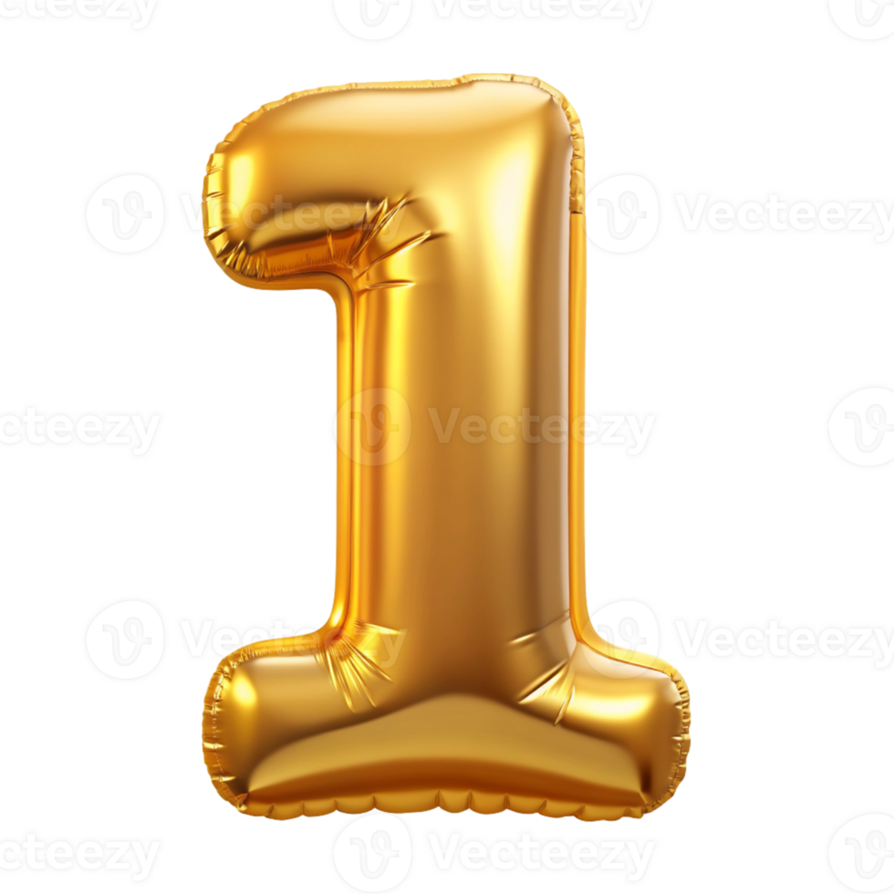 Golden number 1 balloon for celebrations cut out isolated PNG transparent