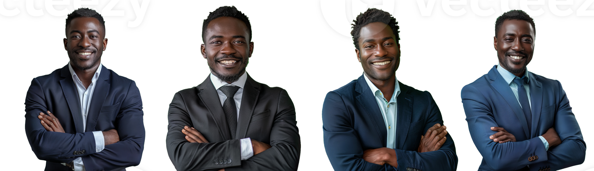 Smiling afro american businessman with crossed arms isolated in transparent background, pictures collection png
