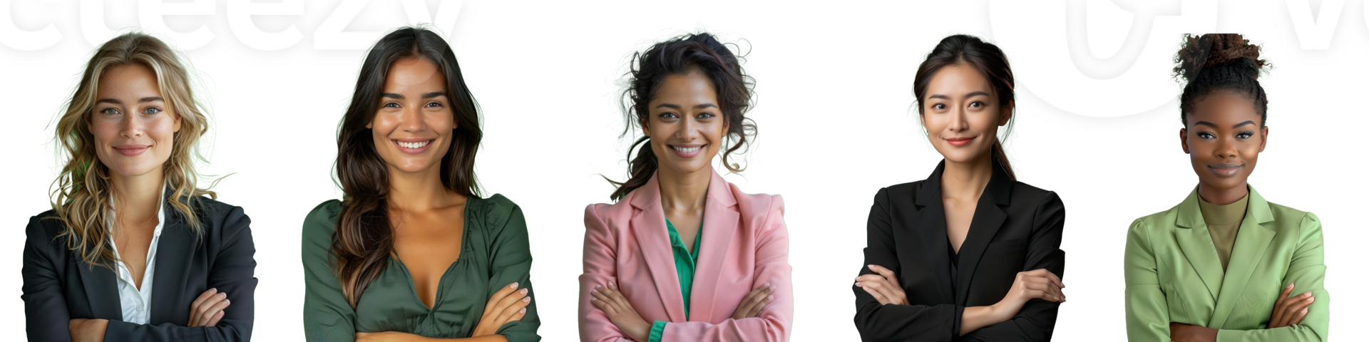 Smiling diverse group of business woman with crossed arms isolated in transparent background, picture collection png
