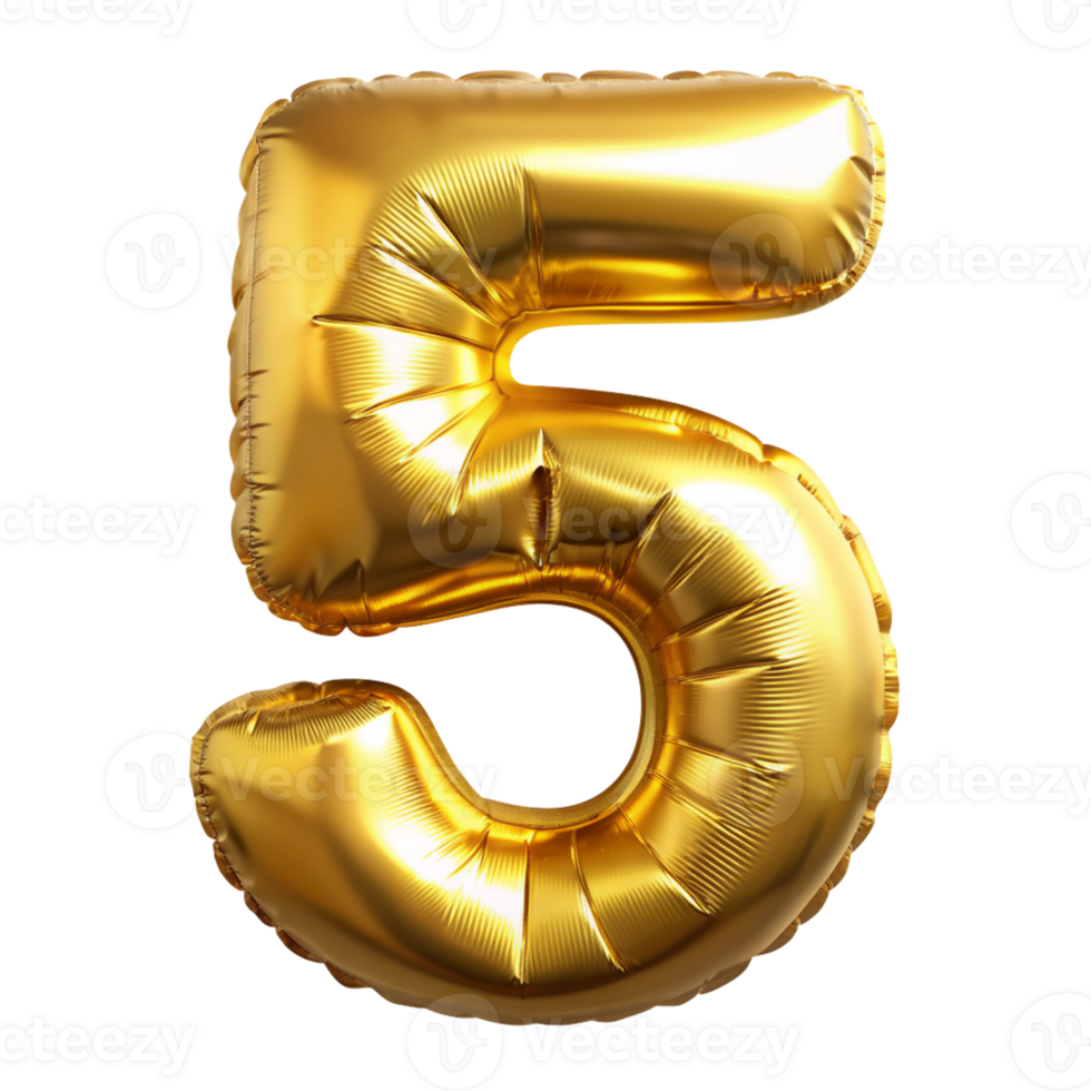 Golden number 5 balloon for celebrations cut out isolated PNG transparent