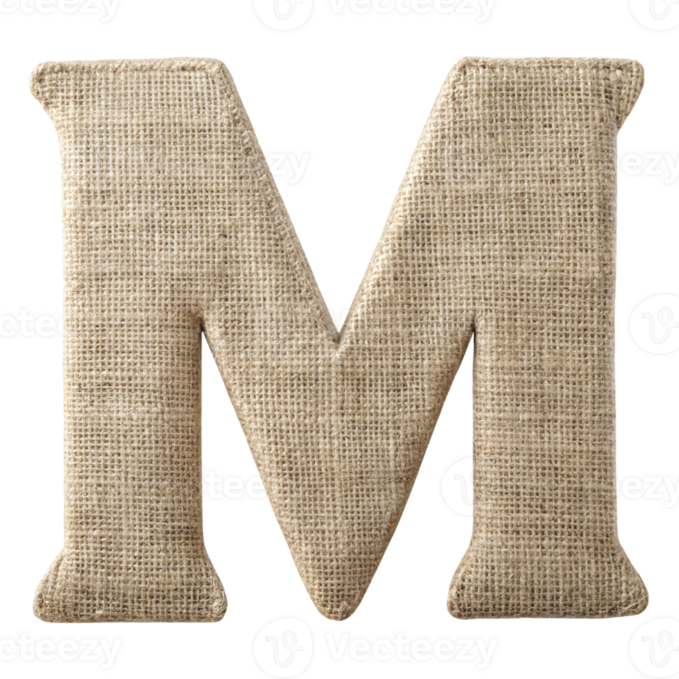 Textured Burlap Fabric Letter M cut out isolated PNG transparent