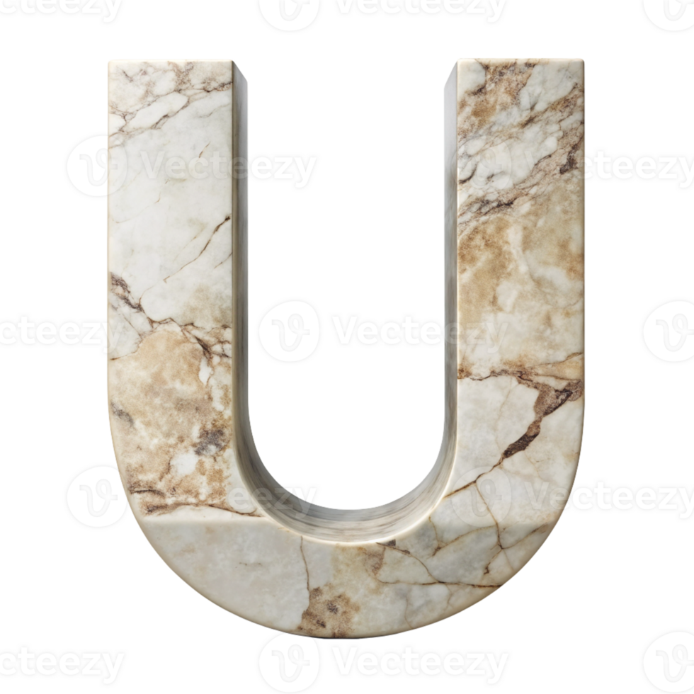 Elegant Marble Letter U with Natural Veining cut out isolated PNG transparent