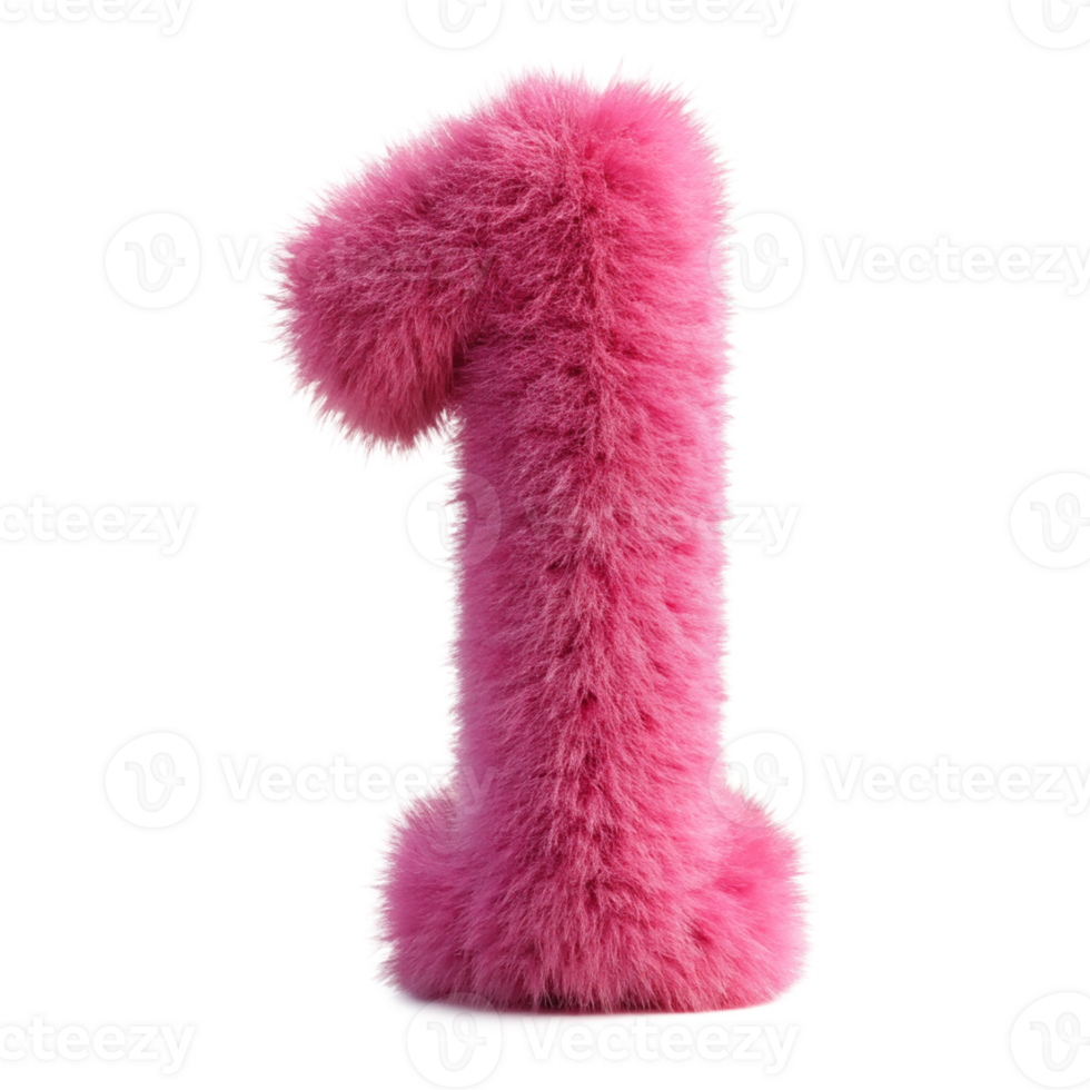 Pink Fluffy 3D Number 1 cut out isolated PNG transparent