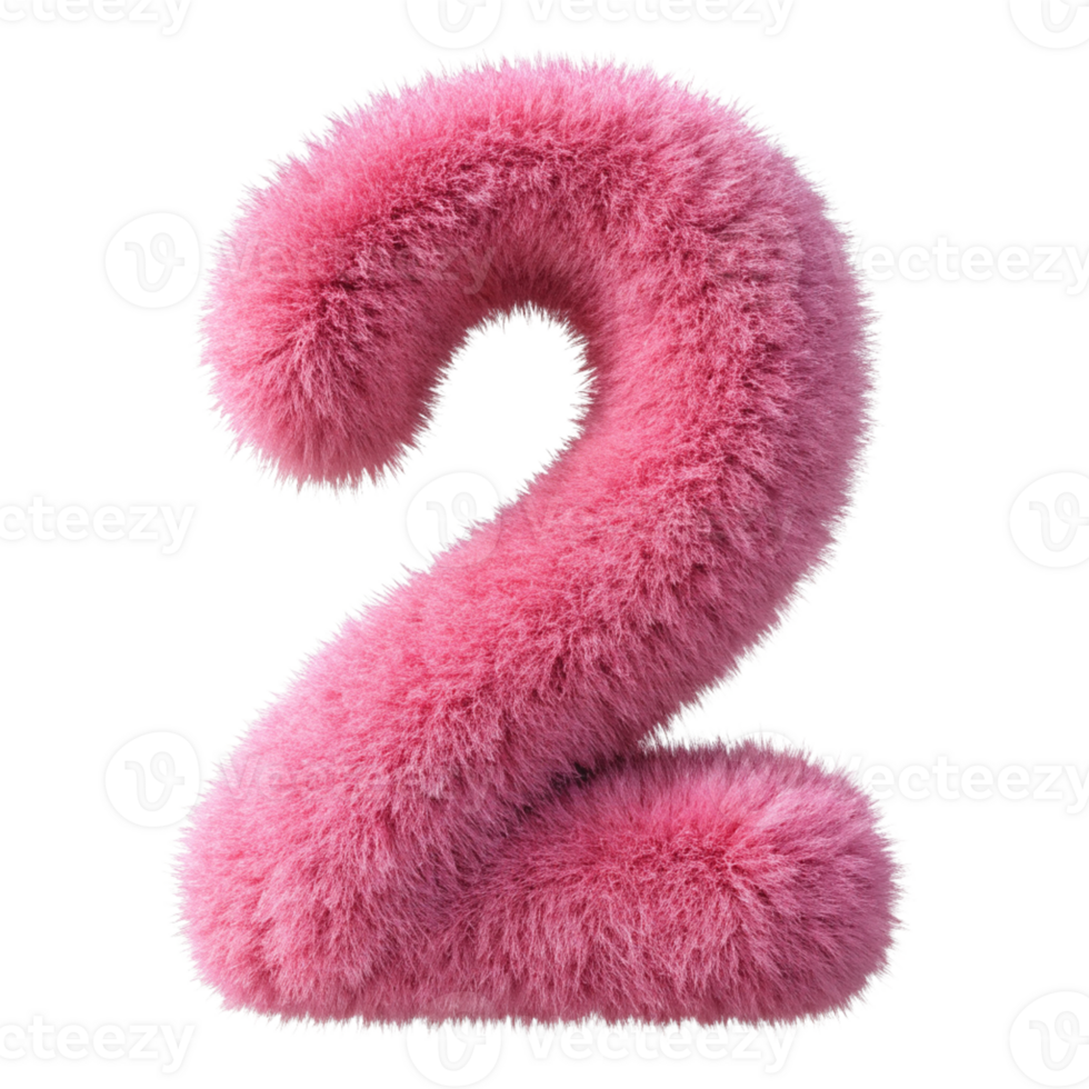 Pink Fluffy 3D Number 2 cut out isolated PNG transparent
